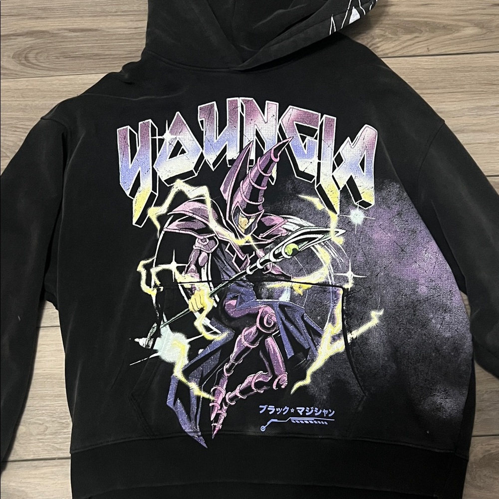 Black Graphic Hoodie with Purple and Yellow Design